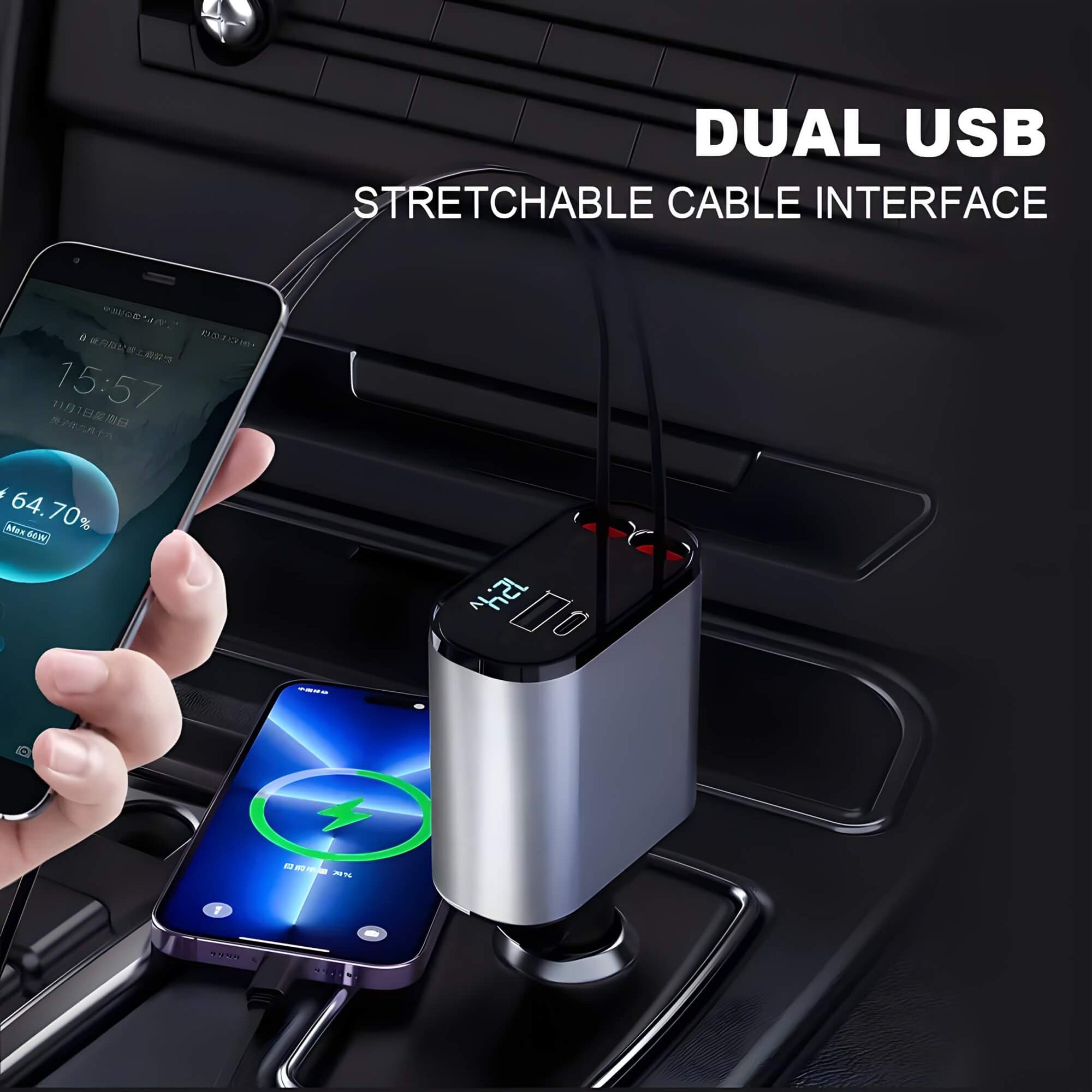QCharge ProX™- The Ultimate 4-in-1 Retractable Car Charger